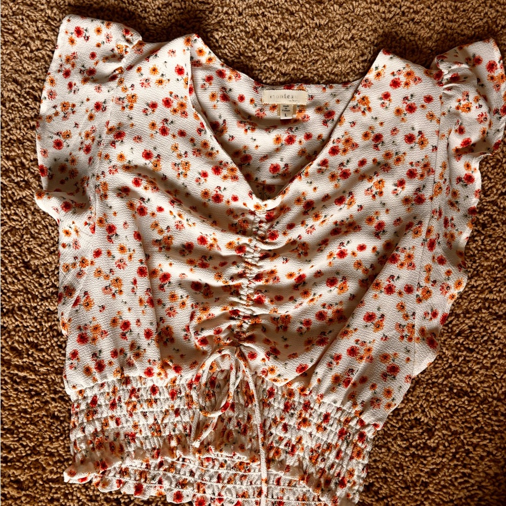 Monteau White Floral Ruched Blouse